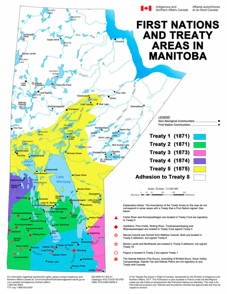 This map of Manitoba shows the approximate locations of the 63 First Nations located throughout the province and the boundaries of the numbered Treaties in Manitoba. All treaty boundaries are approximate.The boundaries of the Treaty Areas on the map…